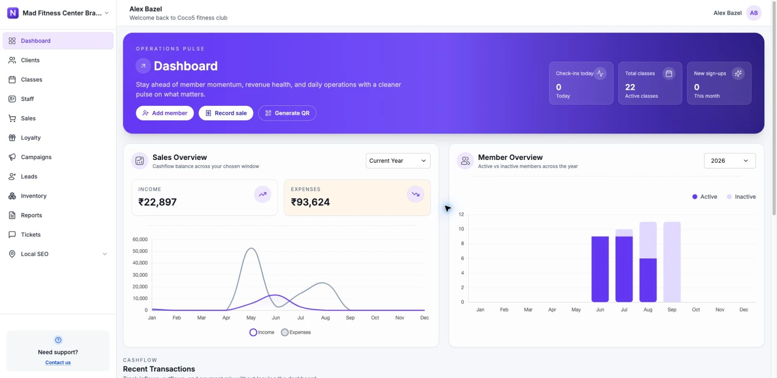 Nexicat owner dashboard showing gym operations